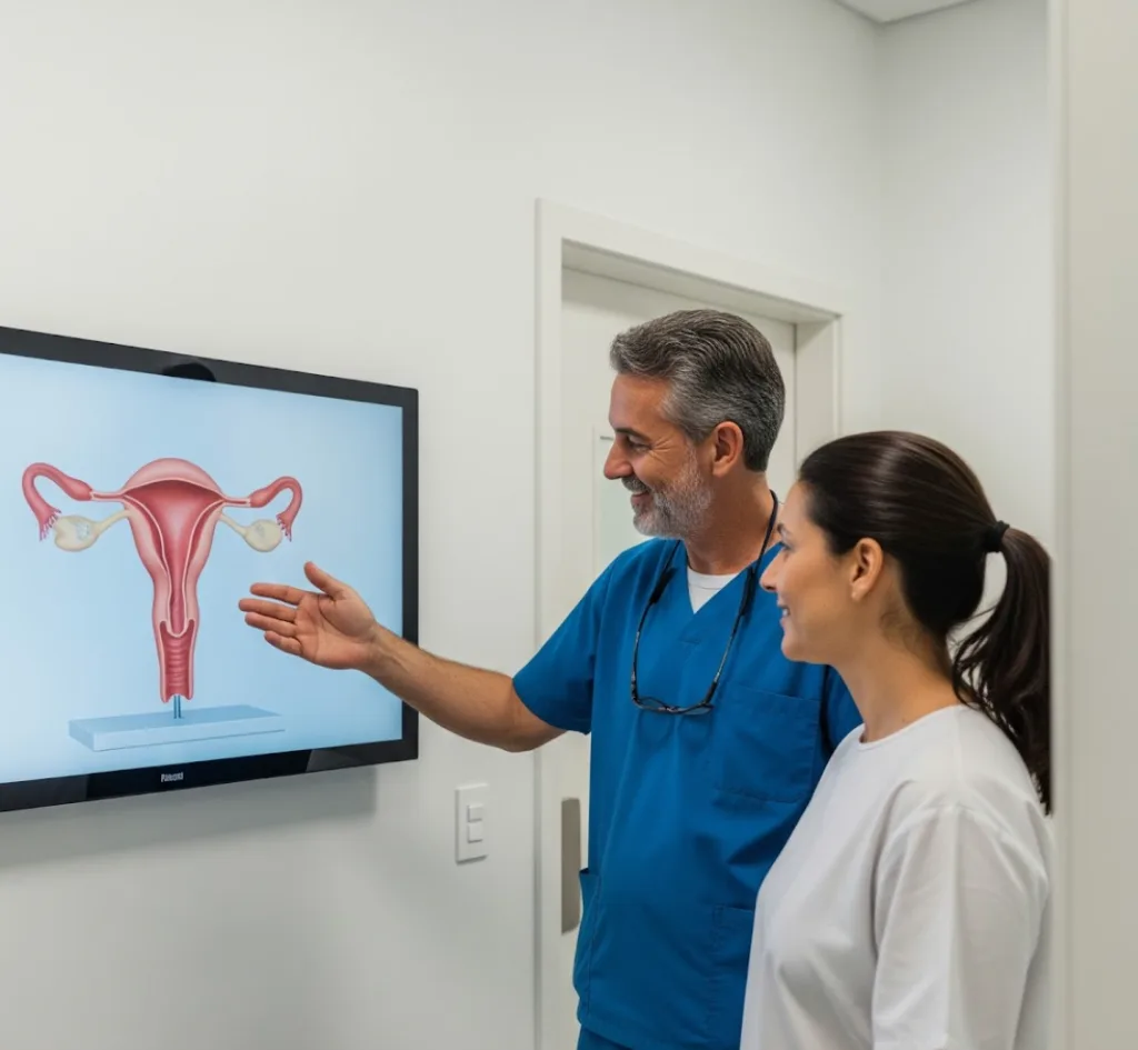Dra Fabyanne explicando cirurgia laparoscópica